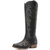 DREAM PAIRS Womens Cowboy Boots Comfortable Cowgirl Knee High Boots Pull On Side Zipper Chunky Heel Embroidered Western Boots(Black)