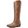 DREAM PAIRS Womens Cowboy Boots Comfortable Cowgirl Knee High Boots Pull On Side Zipper Chunky Heel Embroidered Western Boots(Brown)