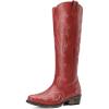 DREAM PAIRS Womens Cowboy Boots Comfortable Cowgirl Knee High Boots Pull On Side Zipper Chunky Heel Embroidered Western Boots(Red)