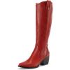 DREAM PAIRS Womens Cowboy Boots Wide Calf Comfortable Pull On Zipper Chunky Heel Pointed Toe Embroidered Western Cowgirl Knee High Boots Girls Ladies Retro Tall Boot(Red)