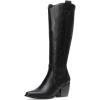 DREAM PAIRS Womens Cowboy Boots Wide Calf Comfortable Pull On Zipper Chunky Heel Pointed Toe Embroidered Western Cowgirl Knee High Boots Girls Ladies Retro Tall Boot(Black/Pu)