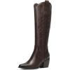 DREAM PAIRS Womens Cowboy Boots Wide Calf Comfortable Pull On Zipper Chunky Heel Pointed Toe Embroidered Western Cowgirl Knee High Boots Girls Ladies Retro Tall Boot(Brown/Pu)
