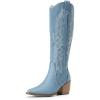 DREAM PAIRS Womens Cowboy Boots Wide Calf Comfortable Pull On Zipper Chunky Heel Pointed Toe Embroidered Western Cowgirl Knee High Boots Girls Ladies Retro Tall Boot(Denim Blue)