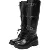 DREAM PAIRS Women’s Knee High Boots Combat Boots Adjustable Straps Lace Up Buckles Chunky Low Heel Fall Booties with Side Zipper to Put on and off(Black)