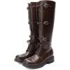 DREAM PAIRS Women’s Knee High Boots Combat Boots Adjustable Straps Lace Up Buckles Chunky Low Heel Fall Booties with Side Zipper to Put on and off(Brown)
