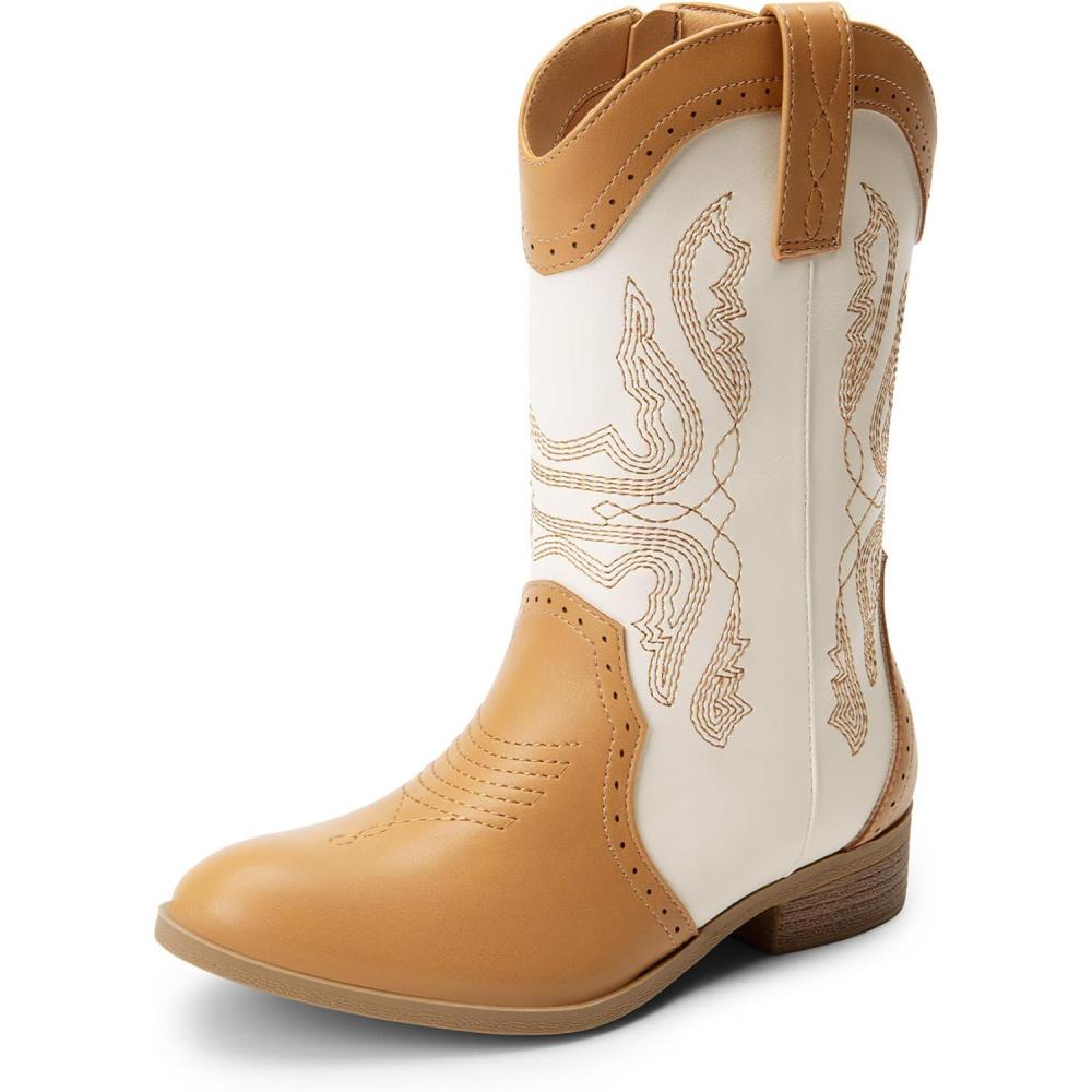 imageDREAM PAIRS Cowgirl Boots for Girls Boys Cowboy Boots Kids Western Embroidered Mid Calf Riding Shoes with Walking Heel ToddlerLittle KidBig KidBeigeCamel