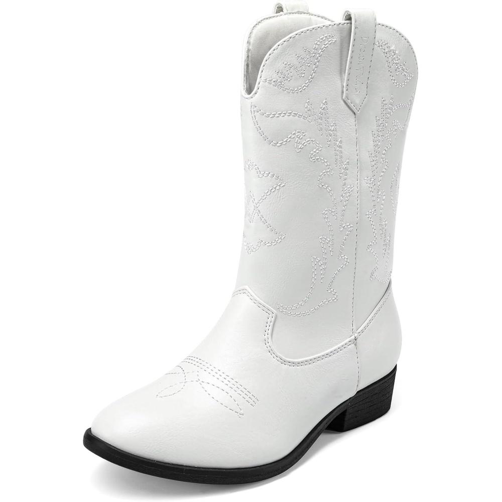 imageDREAM PAIRS Cowgirl Cowboy Western Boots Girls Mid Calf Riding Shoes Little KidBig KidWhite