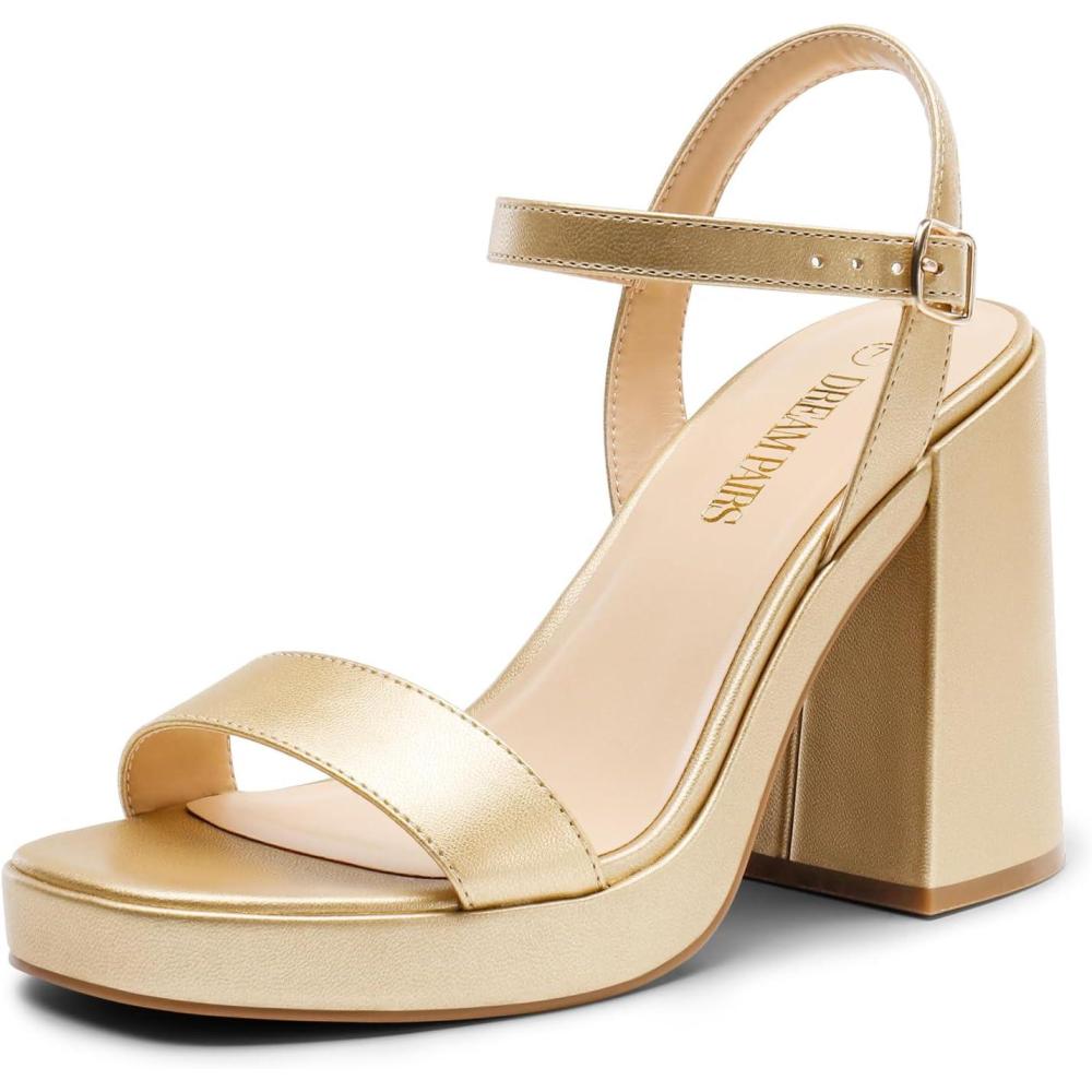 imageDREAM PAIRS Heels for Women Block Chunky Platform High Heels Open Toe GISELLE Fashion Wedding Party Evening Prom Dance Ankle Strap Dress Pump Sandals ShoesGold