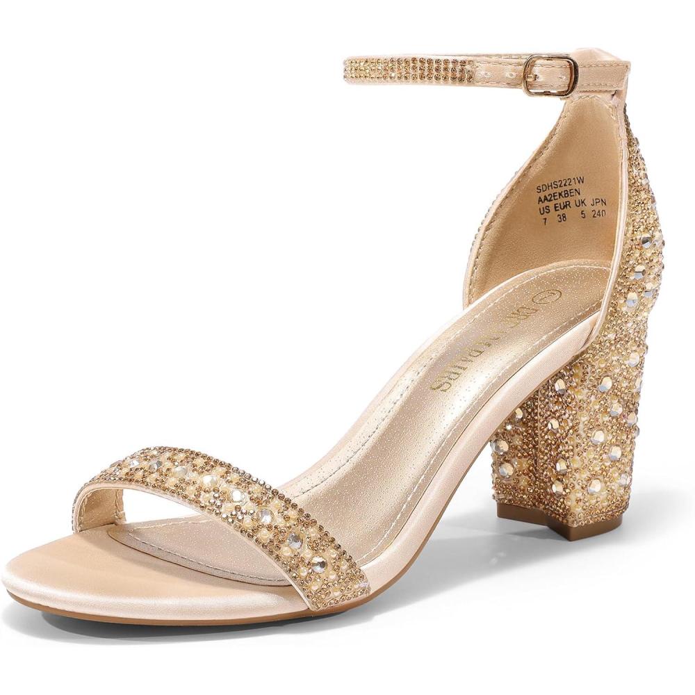 imageDREAM PAIRS Womens Chunk Low Heel Pump SandalsGoldRhinestone