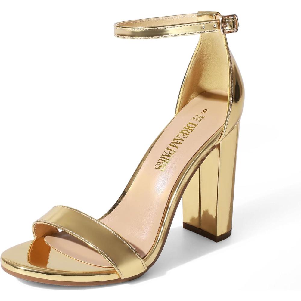 imageDREAM PAIRS Womens Chunk Low Heel Pump SandalsGoldpat