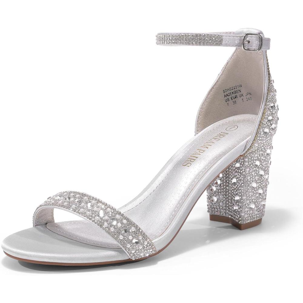 imageDREAM PAIRS Womens Chunk Low Heel Pump SandalsSilverRhinestone