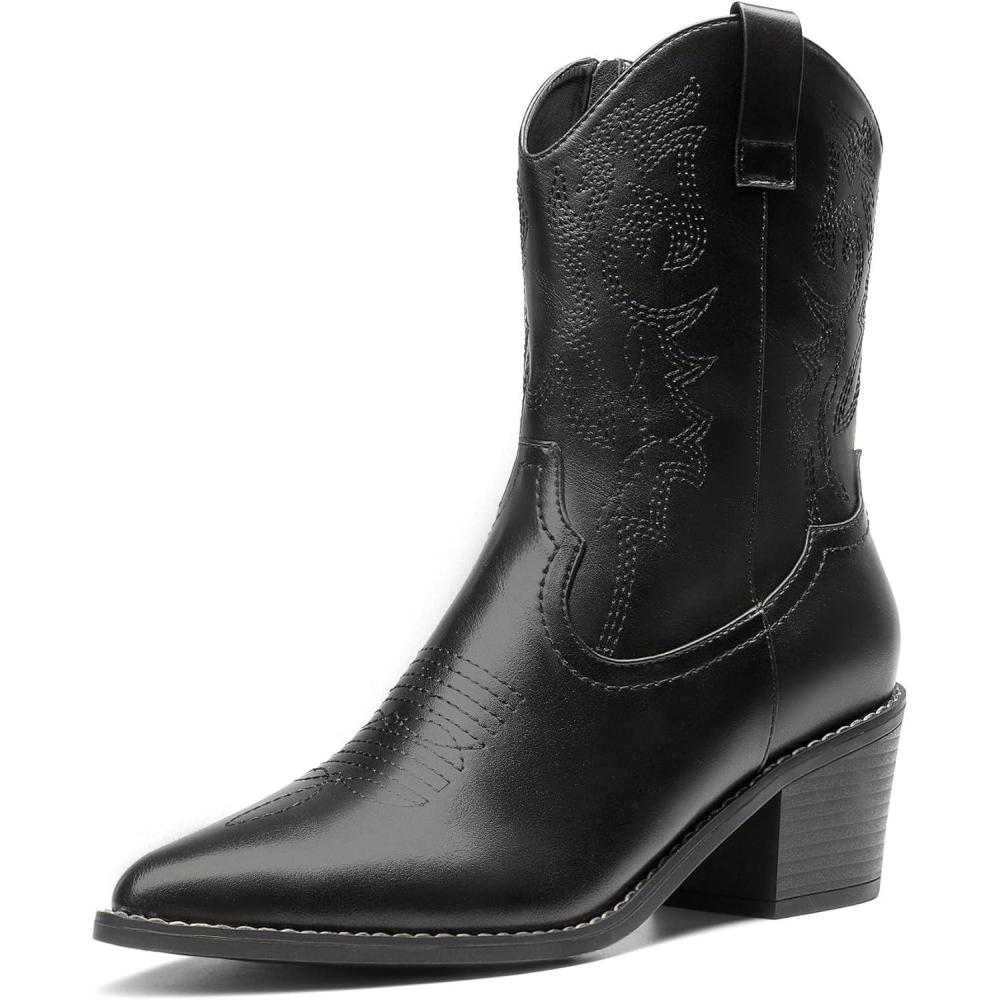 imageDREAM PAIRS Womens Cowboy Boots Pointed Toe Chunky Heel Zipper PullOn Stitched Western Ankle BootsBlack