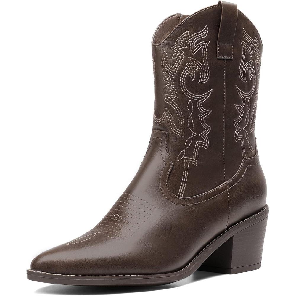 imageDREAM PAIRS Womens Cowboy Boots Pointed Toe Chunky Heel Zipper PullOn Stitched Western Ankle BootsDark Brown
