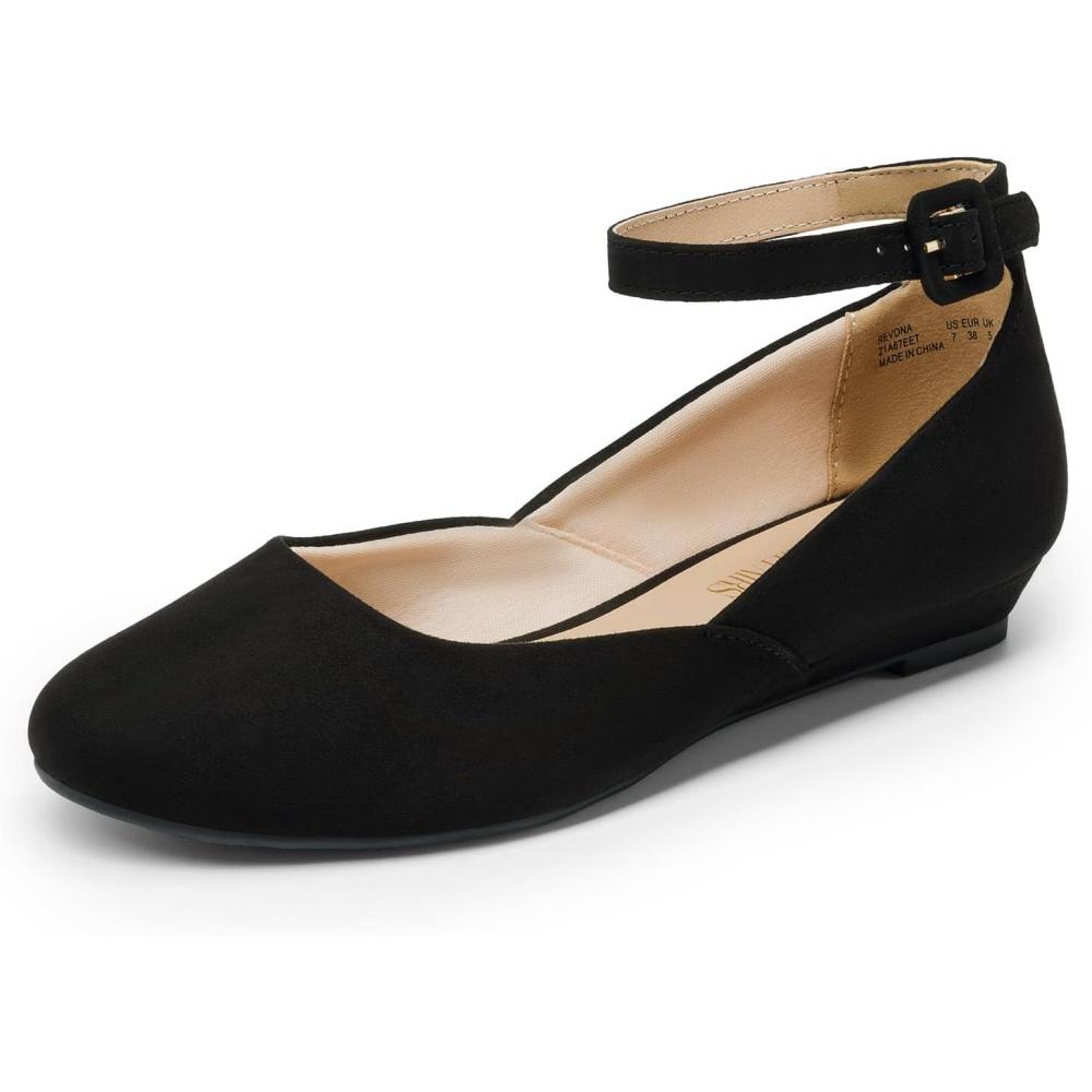 imageDREAM PAIRS Womens Dress Flats Ballet Low Wedge Round Toe Ankle Strap Comfortable Casual Flats ShoesBlack Suede