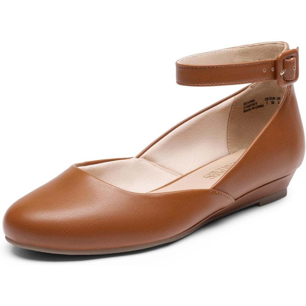 imageDREAM PAIRS Womens Dress Flats Ballet Low Wedge Round Toe Ankle Strap Comfortable Casual Flats ShoesBrownpu