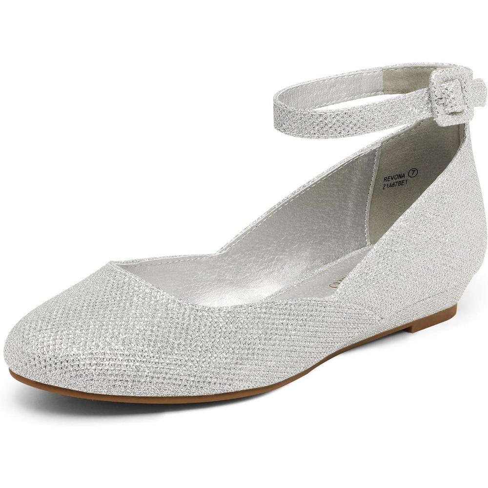imageDREAM PAIRS Womens Dress Flats Ballet Low Wedge Round Toe Ankle Strap Comfortable Casual Flats ShoesSilver Glitter