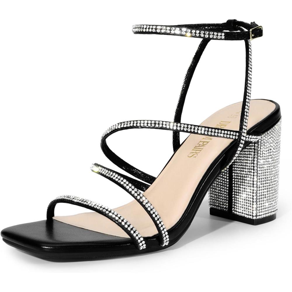 imageDREAM PAIRS Womens Heels Chunky Block Strappy Square Open Toe Ankle Buckle Heeled Sandals Wedding Party Dress Shoes IndieBlackrhinestone