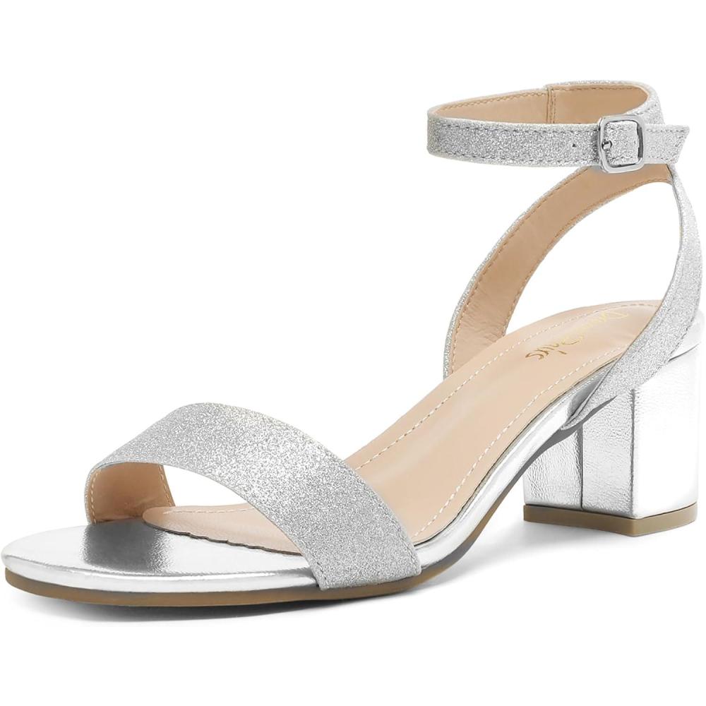 imageDREAM PAIRS Womens Open Toe Ankle Strap Low Block Chunky Heels Sandals Party Dress Pumps ShoesSilverGlitter