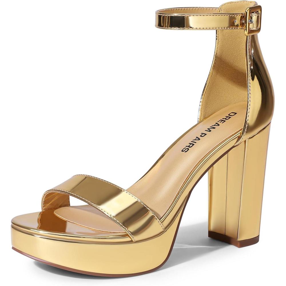 imageDREAM PAIRS Womens Platform Chunky High Heeled Sandals Open Toe Block Heels Ankle Strap Dress Shoes for Wedding Party EveningGoldpat