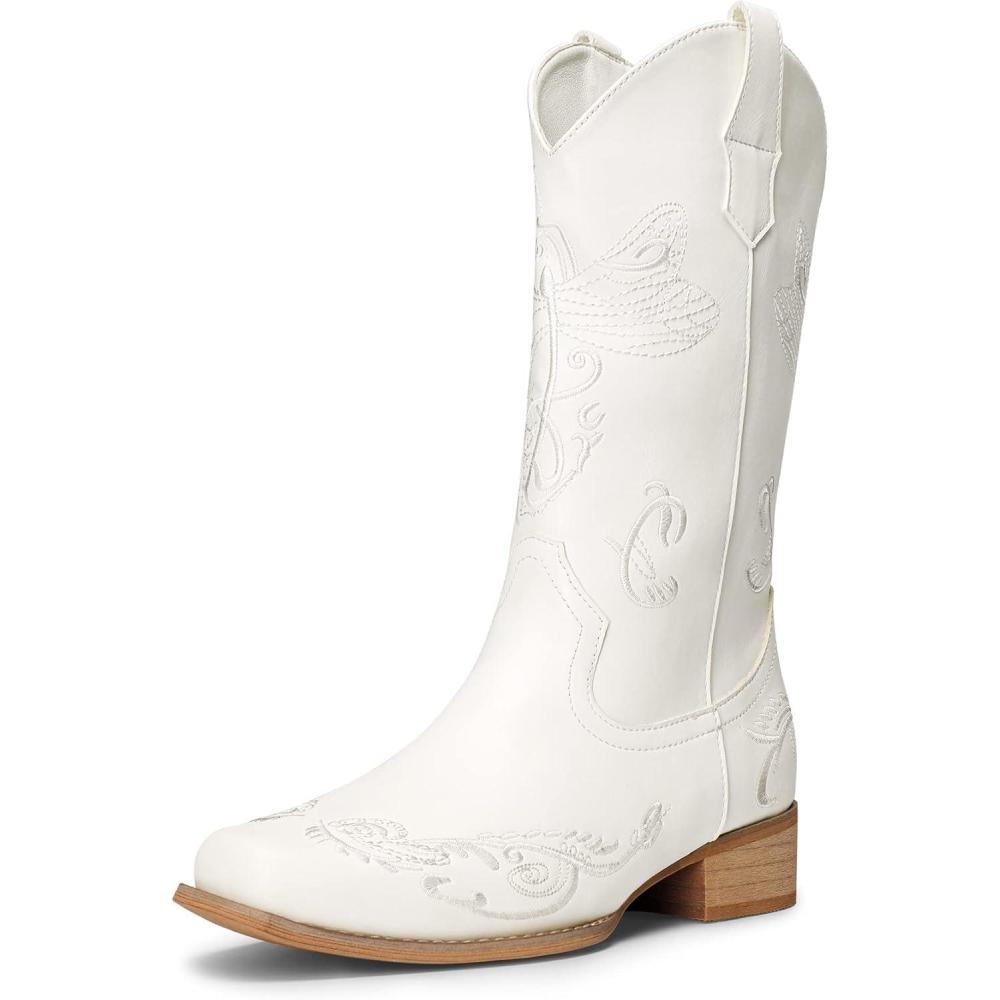 imageDREAM PAIRS Womens Square Toe Cowboy Cowgirl Boots Pull On Low Chunky Heel Mid Calf Western Boots with Embroidered Stitched for Theme Party Country ConcertWhite
