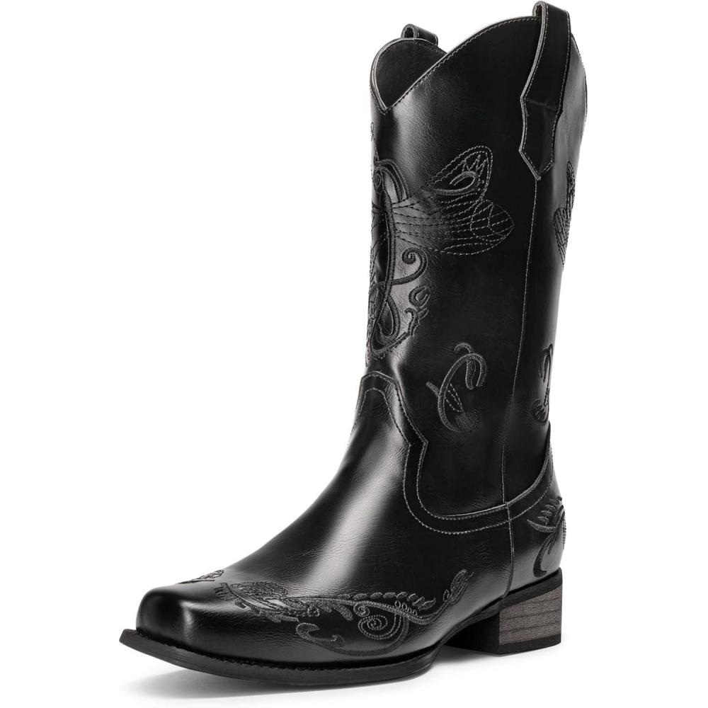 imageDREAM PAIRS Womens Square Toe Cowboy Cowgirl Boots Pull On Low Chunky Heel Mid Calf Western Boots with Embroidered Stitched for Theme Party Country ConcertBlack