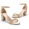DREAM PAIRS Women’s Chunk Low Heel Pump Sandals(Gold/Rhinestone)