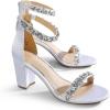 DREAM PAIRS Women’s Chunk Low Heel Pump Sandals(White-satin)