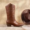 DREAM PAIRS Women’s Cowboy Boots Pull On Cowgirl Boots Mid Calf Western Boots, Available in Regular and Wide Calf(Tan)