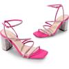 DREAM PAIRS Women’s Heels Chunky Block Strappy Square Open Toe Ankle Buckle Heeled Sandals Wedding Party Dress Shoes Indie(Hot Pink-rhinestone)