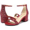 DREAM PAIRS Womens Low-Chunk Low Heel Pump Sandal(Red/Rhinestone)