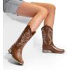 DREAM PAIRS Women’s Square Toe Cowboy Cowgirl Boots Pull On Low Chunky Heel Mid Calf Western Boots with Embroidered Stitched for Theme Party Country Concert(Brown-1)