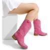 DREAM PAIRS Women’s Square Toe Cowboy Cowgirl Boots Pull On Low Chunky Heel Mid Calf Western Boots with Embroidered Stitched for Theme Party Country Concert(Pink)
