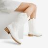 DREAM PAIRS Women’s Square Toe Cowboy Cowgirl Boots Pull On Low Chunky Heel Mid Calf Western Boots with Embroidered Stitched for Theme Party Country Concert(White)