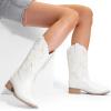 DREAM PAIRS Women’s Square Toe Cowboy Cowgirl Boots Pull On Low Chunky Heel Mid Calf Western Boots with Embroidered Stitched for Theme Party Country Concert(White-1)