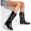 DREAM PAIRS Women’s Square Toe Cowboy Cowgirl Boots Pull On Low Chunky Heel Mid Calf Western Boots with Embroidered Stitched for Theme Party Country Concert(Black-1)