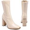 DREAM PAIRS Women’s Square Toe Gogo Boots Elastic Ankle Boots High Chunky Block Heel Mid Calf Boots(Beige White/Pu)