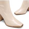 DREAM PAIRS Women’s Square Toe Gogo Boots Elastic Ankle Boots High Chunky Block Heel Mid Calf Boots(Beige White/Pu)