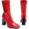 DREAM PAIRS Women’s Square Toe Gogo Boots Elastic Ankle Boots High Chunky Block Heel Mid Calf Boots(Red/Pu)