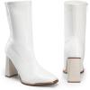 DREAM PAIRS Women’s Square Toe Gogo Boots Elastic Ankle Boots High Chunky Block Heel Mid Calf Boots(White-pat)