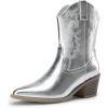 DREAM PAIRS Women’s Cowboy Boots, Pointed Toe Chunky Heel, Zipper Pull-On Stitched Western Ankle Boots(Silver-pu)