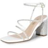 DREAM PAIRS Women’s Heels Chunky Block Strappy Square Open Toe Ankle Buckle Heeled Sandals Wedding Party Dress Shoes Indie(White-rhinestone)