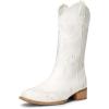 DREAM PAIRS Women’s Square Toe Cowboy Cowgirl Boots Pull On Low Chunky Heel Mid Calf Western Boots with Embroidered Stitched for Theme Party Country Concert(White)