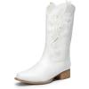 DREAM PAIRS Women’s Square Toe Cowboy Cowgirl Boots Pull On Low Chunky Heel Mid Calf Western Boots with Embroidered Stitched for Theme Party Country Concert(White-1)
