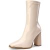 DREAM PAIRS Women’s Square Toe Gogo Boots Elastic Ankle Boots High Chunky Block Heel Mid Calf Boots(Beige White/Pu)