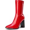 DREAM PAIRS Women’s Square Toe Gogo Boots Elastic Ankle Boots High Chunky Block Heel Mid Calf Boots(Red/Pu)