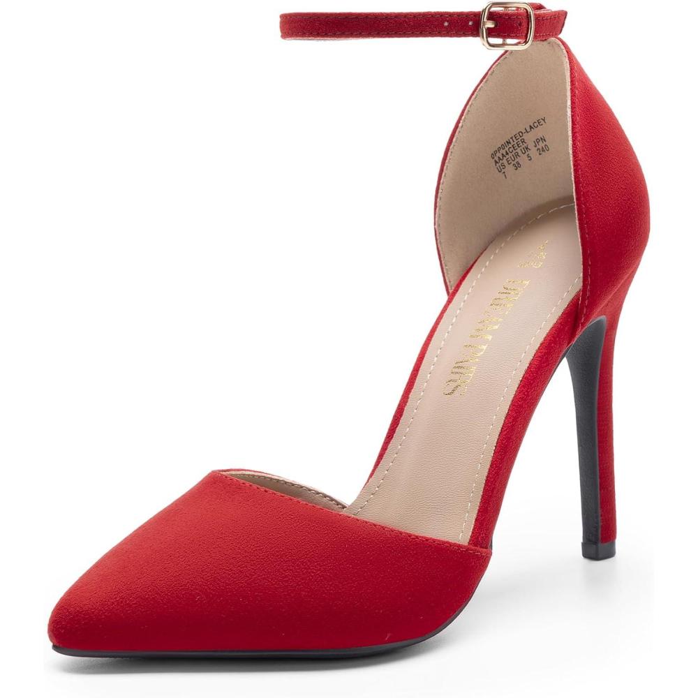 imageDREAM PAIRS Womens OppointedLacey Pointed Toe Ankle Strap High Heel Stiletto Pumps Wedding Dress ShoesRedSuede