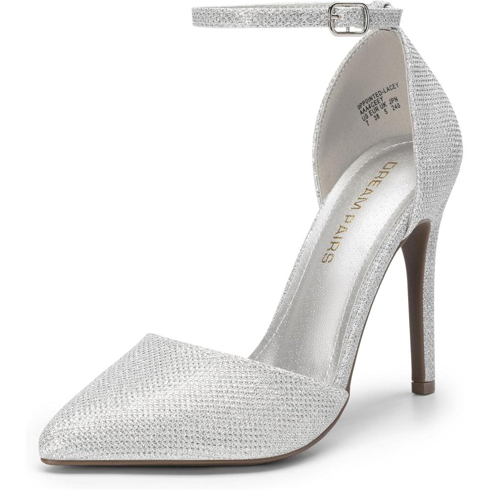 imageDREAM PAIRS Womens OppointedLacey Pointed Toe Ankle Strap High Heel Stiletto Pumps Wedding Dress ShoesSilverGlitter