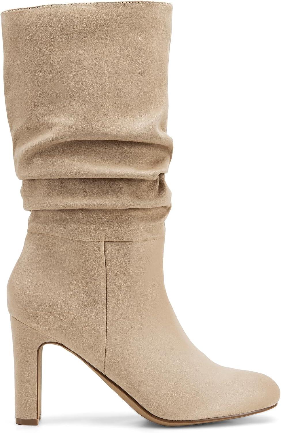 imageDREAM PAIRS Slouch Boots for Women Mid Calf Womens Fashion Almond Toe High Heel Fall Winter Dressy BootsSandy Beigesuede