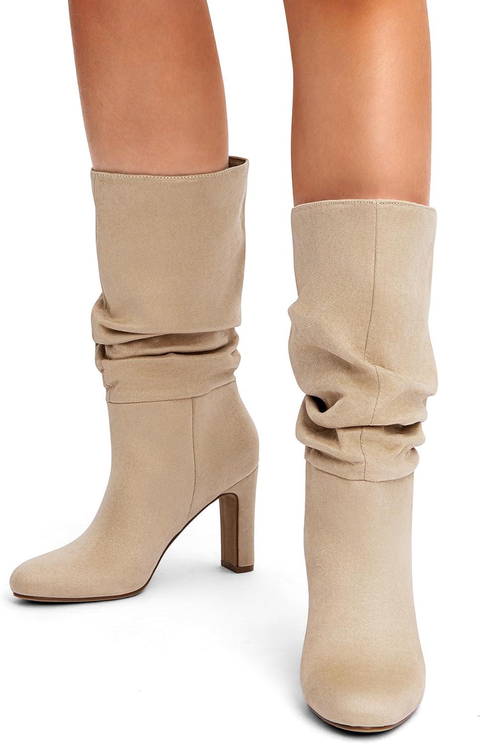 imageDREAM PAIRS Slouch Boots for Women Mid Calf Womens Fashion Almond Toe High Heel Fall Winter Dressy BootsSandy Beigesuede