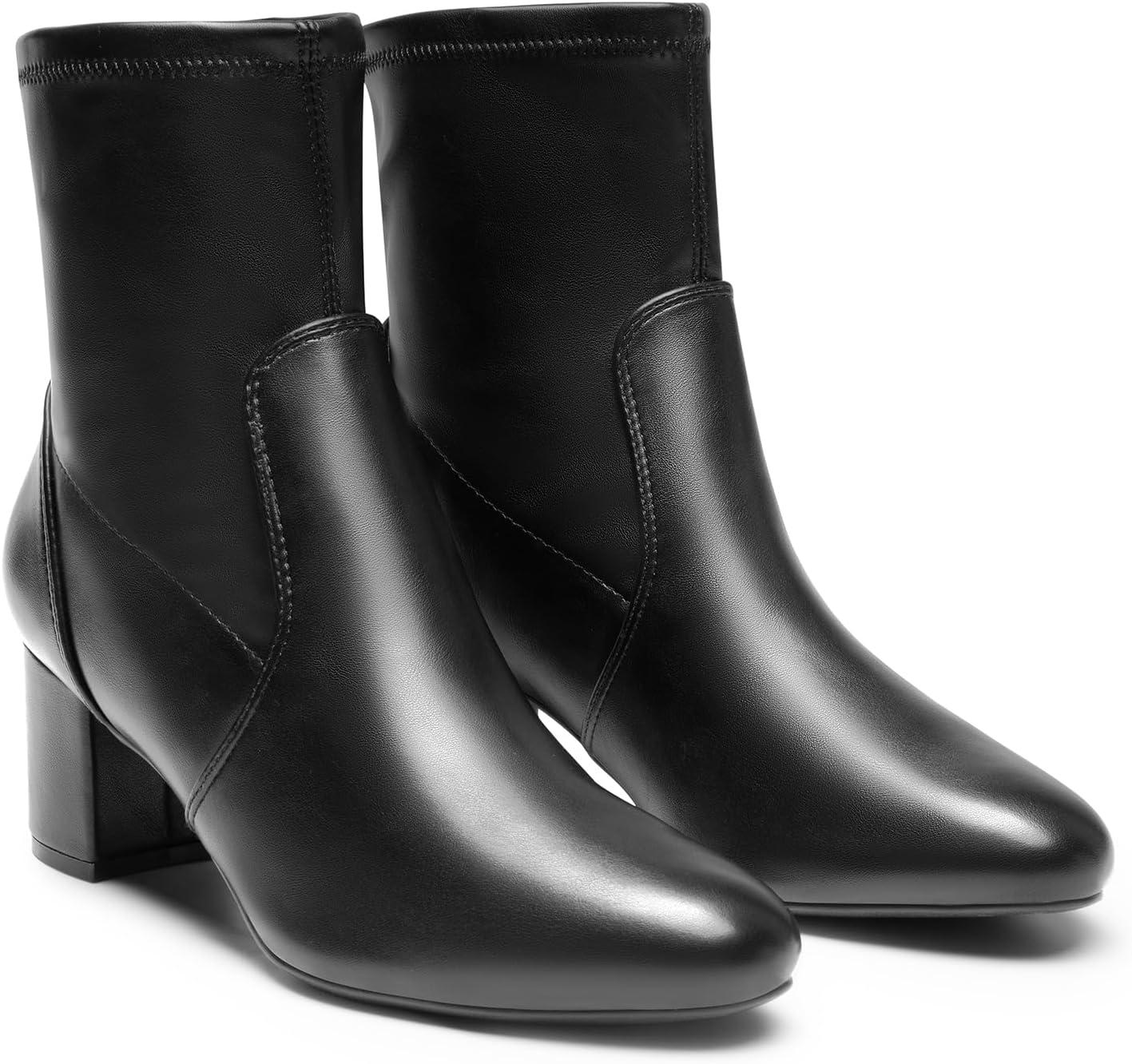 imageDREAM PAIRS Womens Fitted Stretch Ankle Boots Fashion Low Chunky Heel Almond Toe Fall Heeled Booties ShoesBlackpu